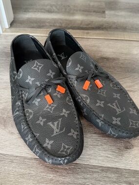 Louis Vuitton Black Monogram Driving Loafers with Orange Lace Tips